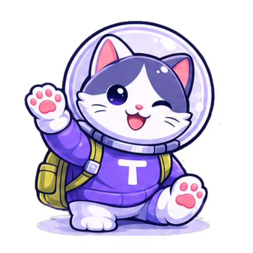 Hubi, la mascota de TalentHub, un gato astronauta, saludando
